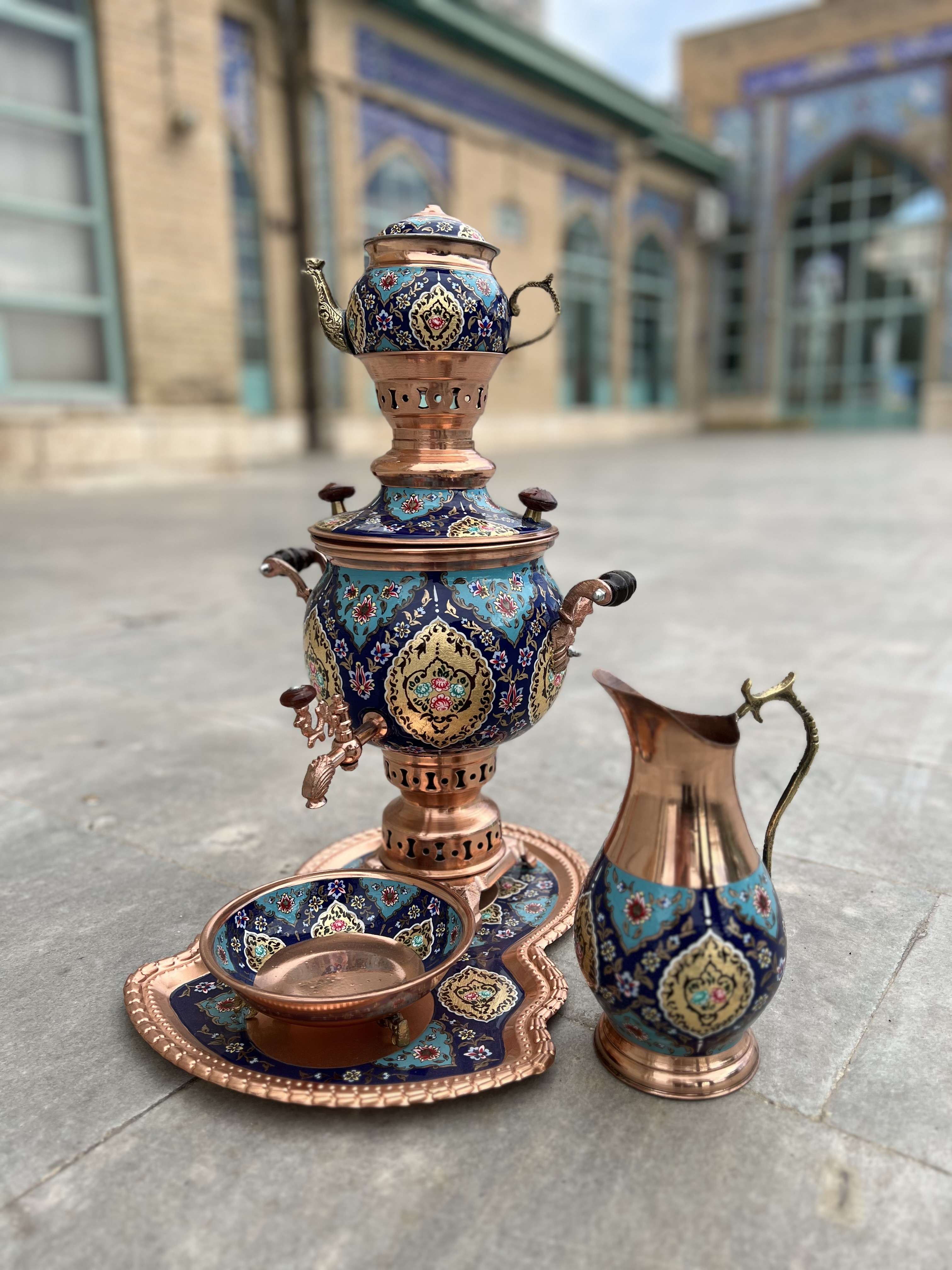 سماور ۳ لیتری مسی میناکاری شده با سرویس کامل
